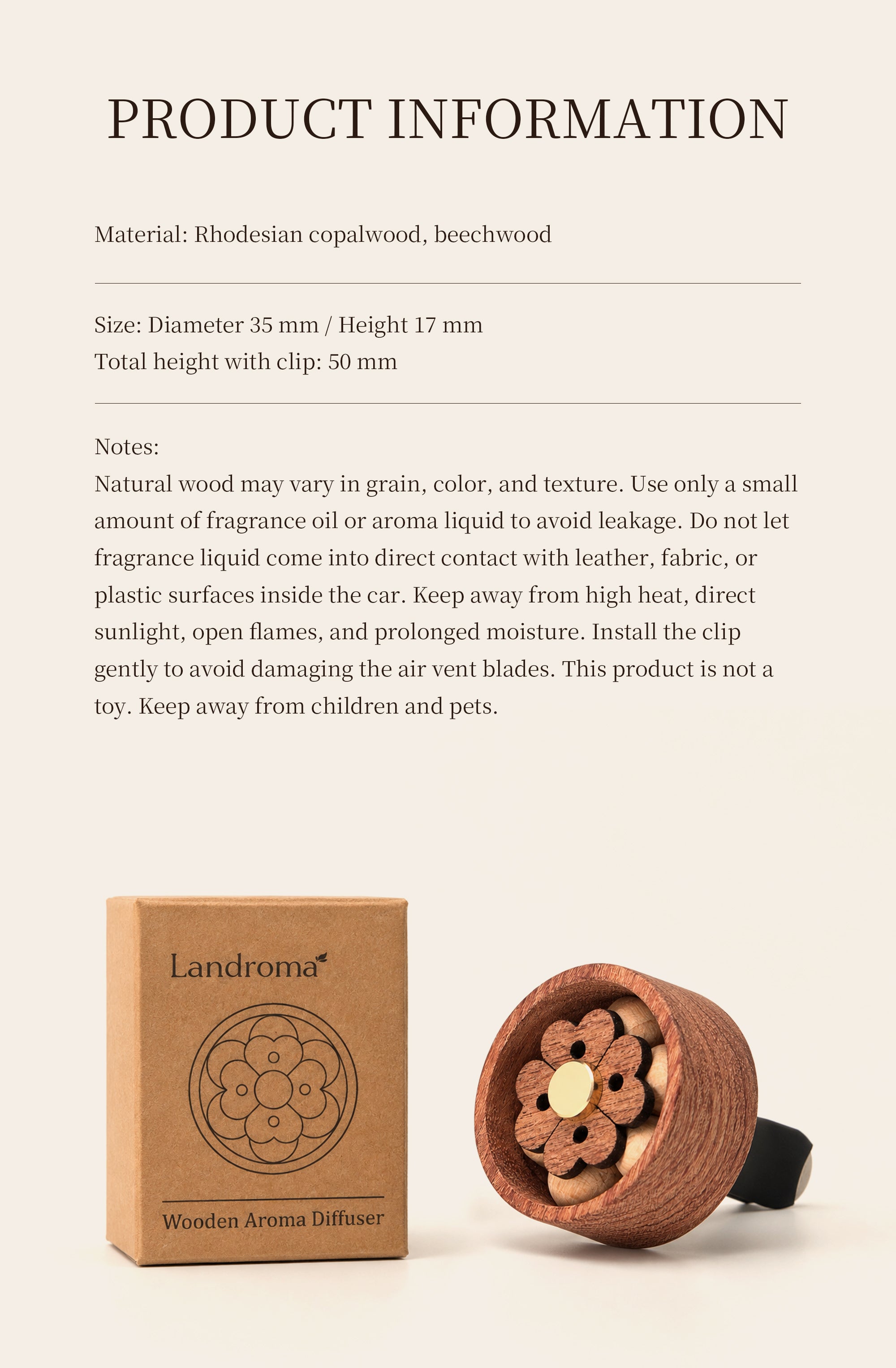 Landroma Sapele Wood Flower Car Vent Diffuser Clip, Natural Wooden Car Air Freshener Diffuser with 10ml Aroma Essential Oil, Long Lasting Car Aromatherapy Fragrance Kit Secondary image