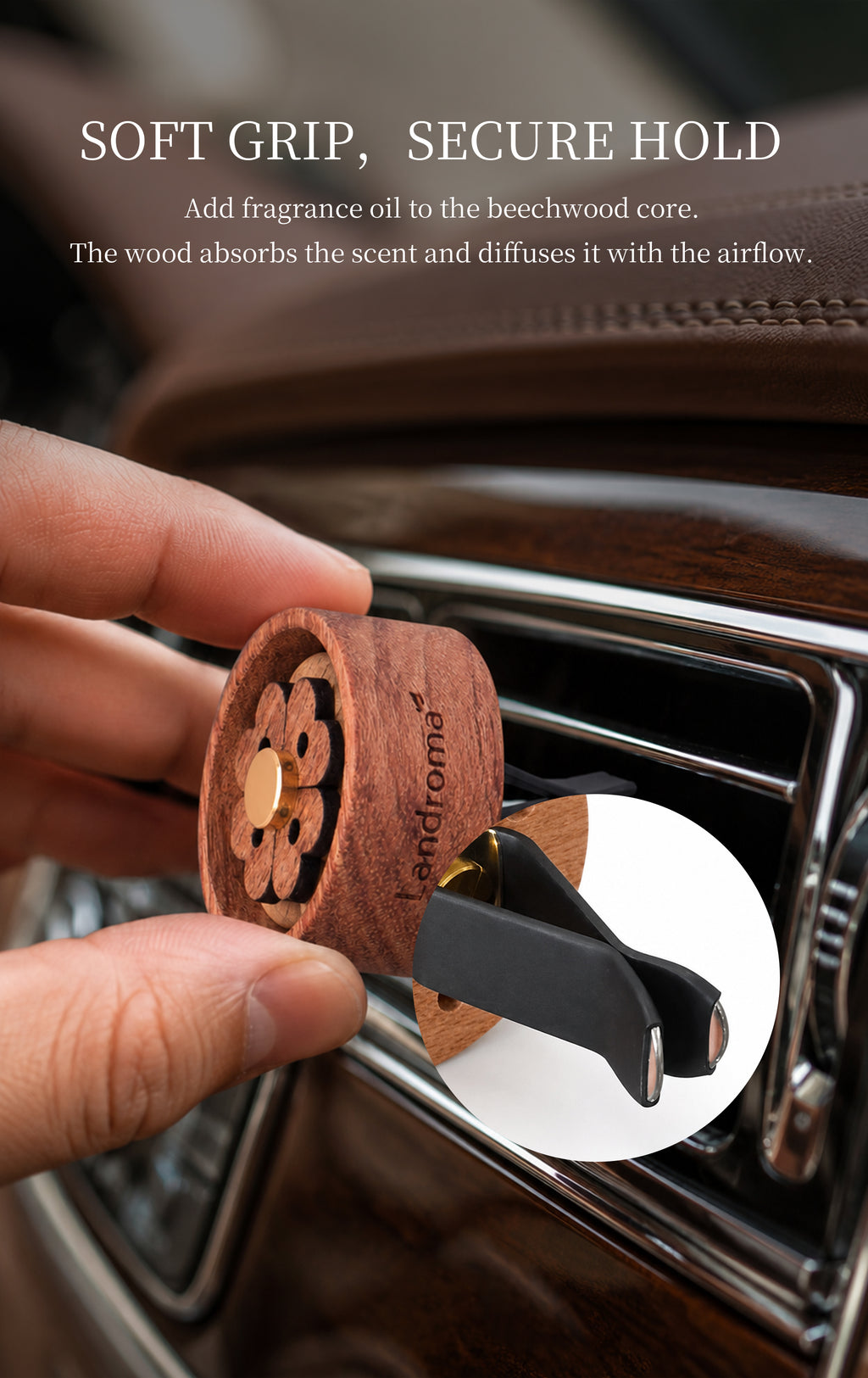 Landroma Sapele Wood Flower Car Vent Diffuser Clip, Natural Wooden Car Air Freshener Diffuser with 10ml Aroma Essential Oil, Long Lasting Car Aromatherapy Fragrance Kit
