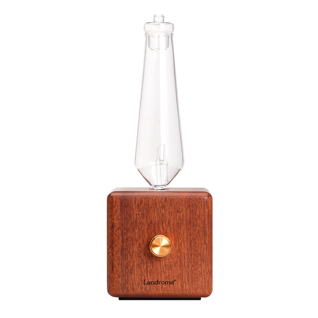 LANDROMA Nebulizing Diffuser for Essential Oils, Cube Sapele Wood Conical Glass Scent Diffuser, Silent Solid Wood Essential Oil Atomizer for Home & Office